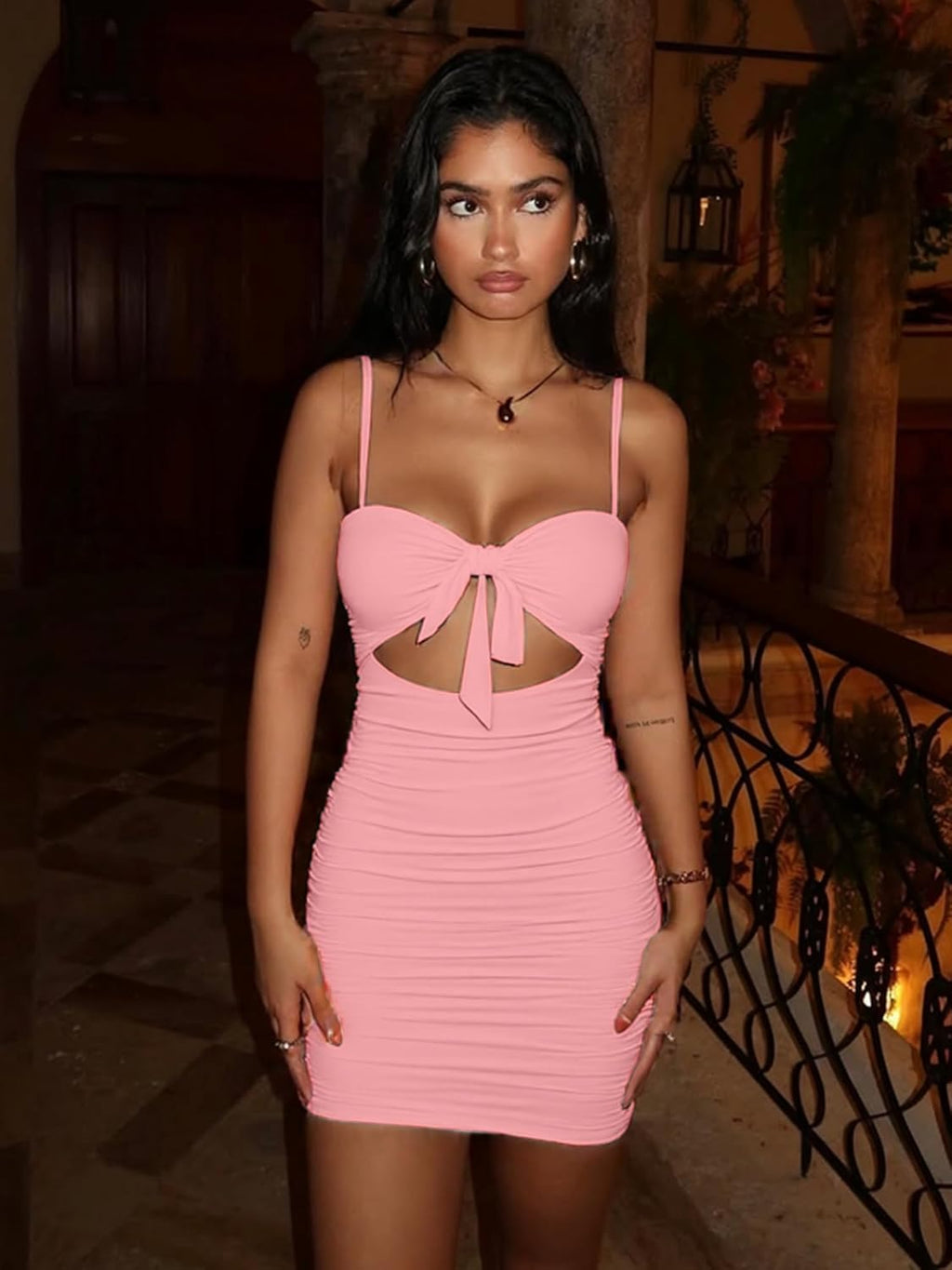 Women's Sexy Bodycon Cut Out Ruched Backless Spaghetti Strap Mini Club Party Dresses