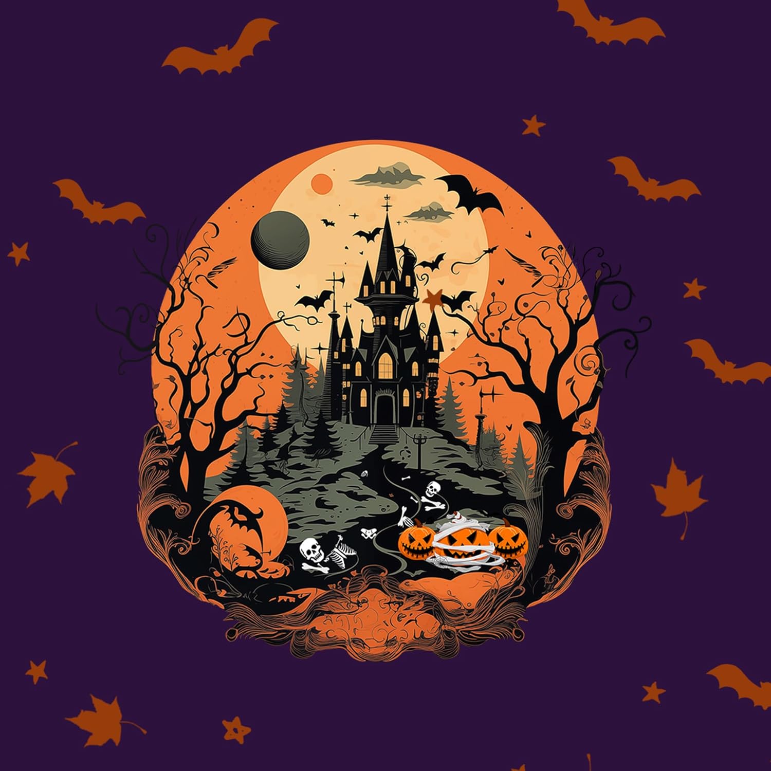 Halloween Shirts for Women: Castle Pumpkin Pattern Halloween Party Short Sleeve Costumes Crewneck T-Shirt