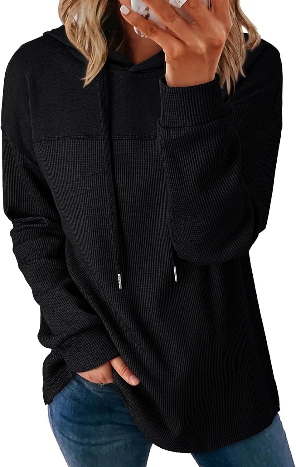 Womens Hoodies Casual Waffle Knit Long Sleeve Drawstring Pullover Sweatshirts Lightweight Hooded Tops