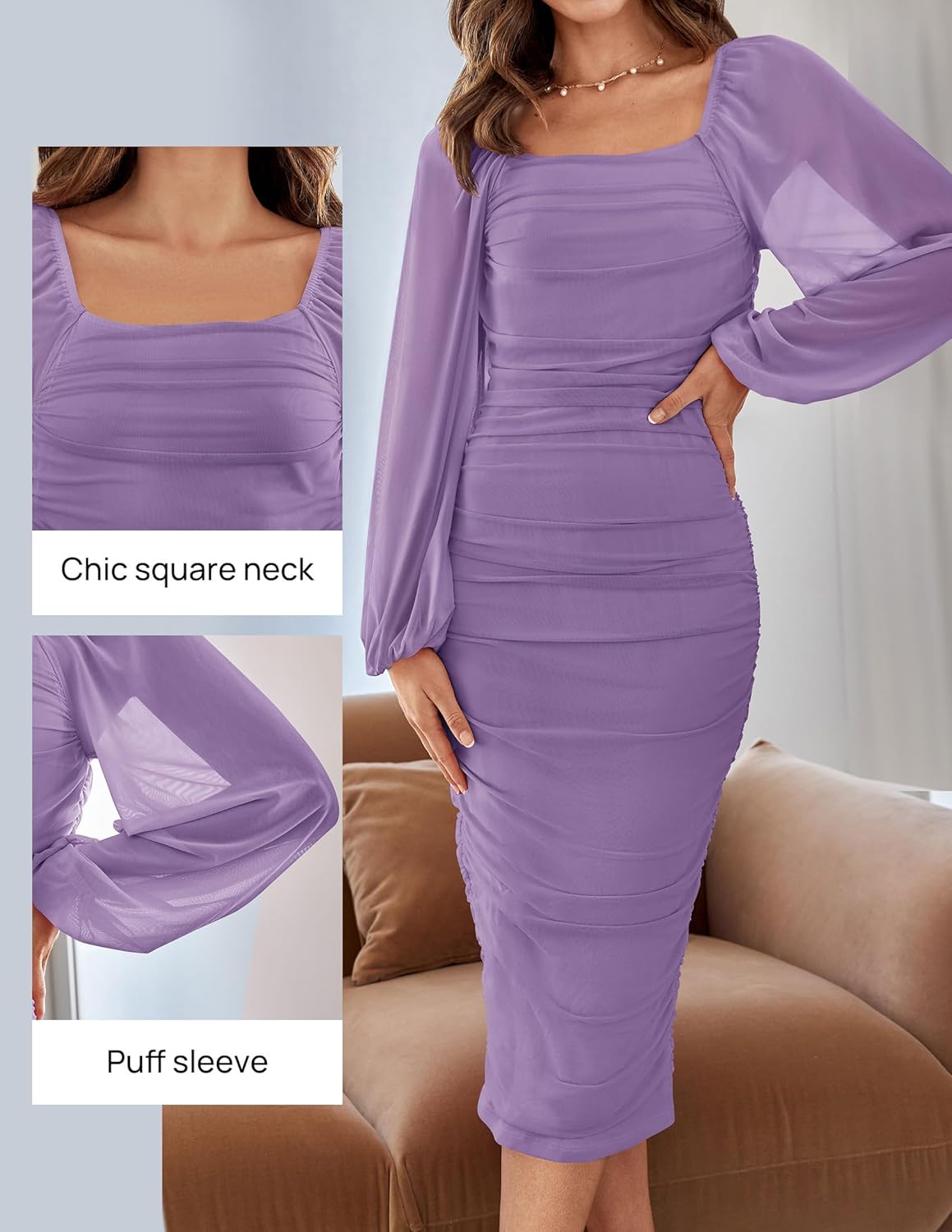 Women's Sexy Ruched Bodycon Midi Dress Long Puff Sleeve Square Neck Backless Cocktail Party Wedding Dresses