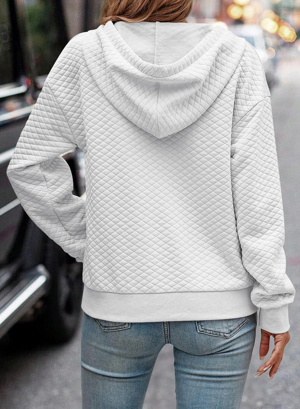 Women's Hoodies Casual Long Sleeve Quilted Half Button Drop Shoulder Pullover Tops Loose Drawstring Hooded Sweatshirt