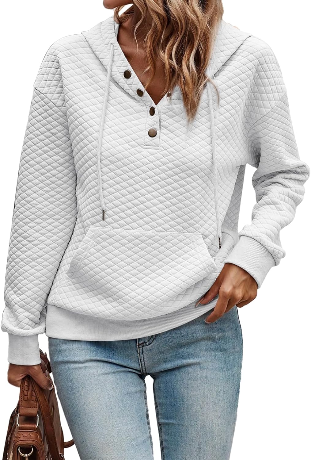 Women's Hoodies Casual Long Sleeve Quilted Half Button Drop Shoulder Pullover Tops Loose Drawstring Hooded Sweatshirt