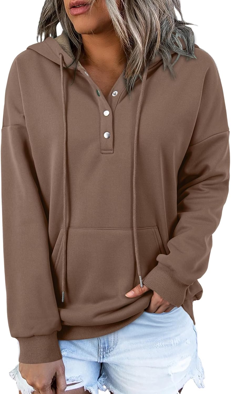 Womens 2025 Hoodies Button Collar Drawstring Hooded Pullover Sweatshirt Casual Long Sleeve Tops Shirts