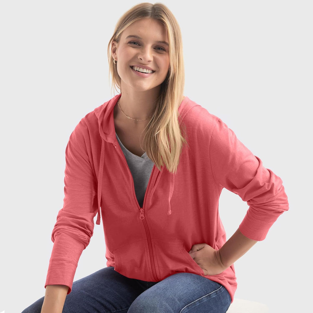 Women’s Slub Knit Full-Zip Hoodie, Textured Cotton Zip-Up T-Shirt Hoodie for Women