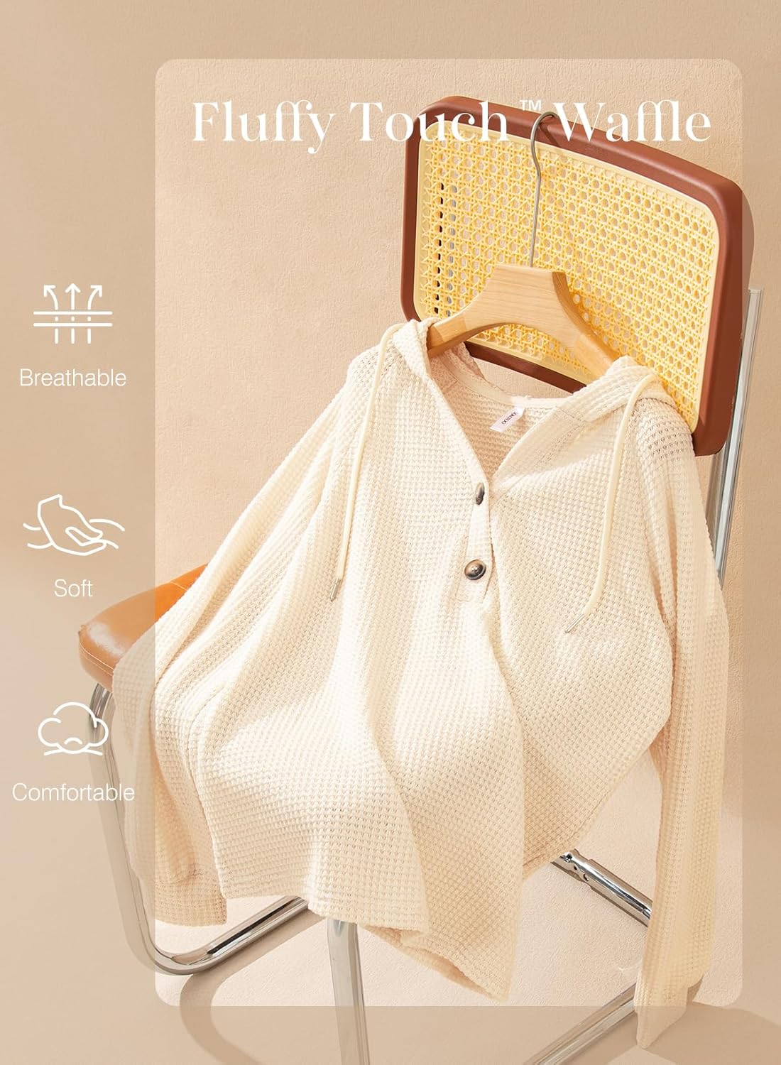 Hoodies for Women Waffle Knit Long Sleeve Drawstring Button V Neck Casual Pullover Sweatshirt Hooded Tops