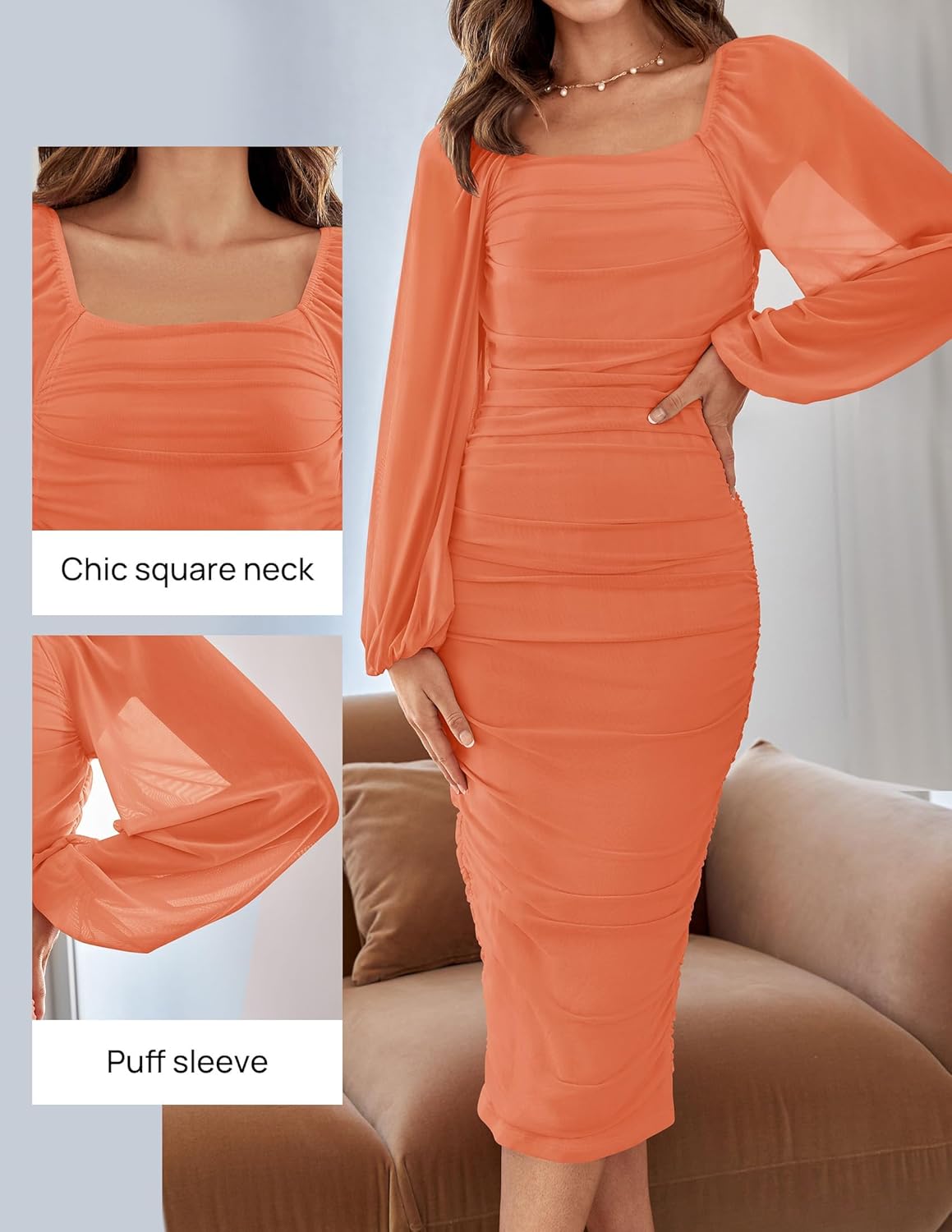 Women's Sexy Ruched Bodycon Midi Dress Long Puff Sleeve Square Neck Backless Cocktail Party Wedding Dresses