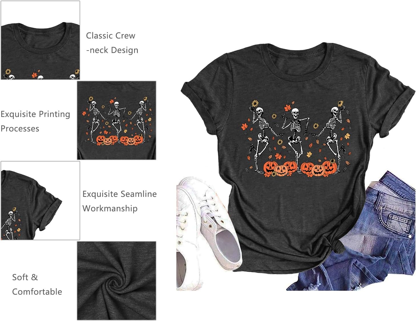 Dancing Skeleton Shirt for Women Happy Halloween T-Shirt Funny Skeleton Graphic Tees Tops Blouse Gift