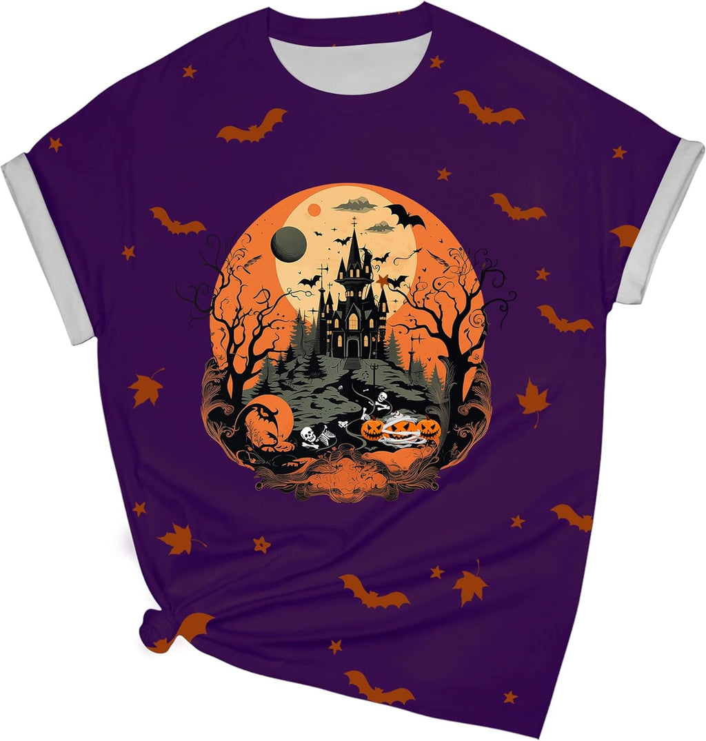 Halloween Shirts for Women: Castle Pumpkin Pattern Halloween Party Short Sleeve Costumes Crewneck T-Shirt