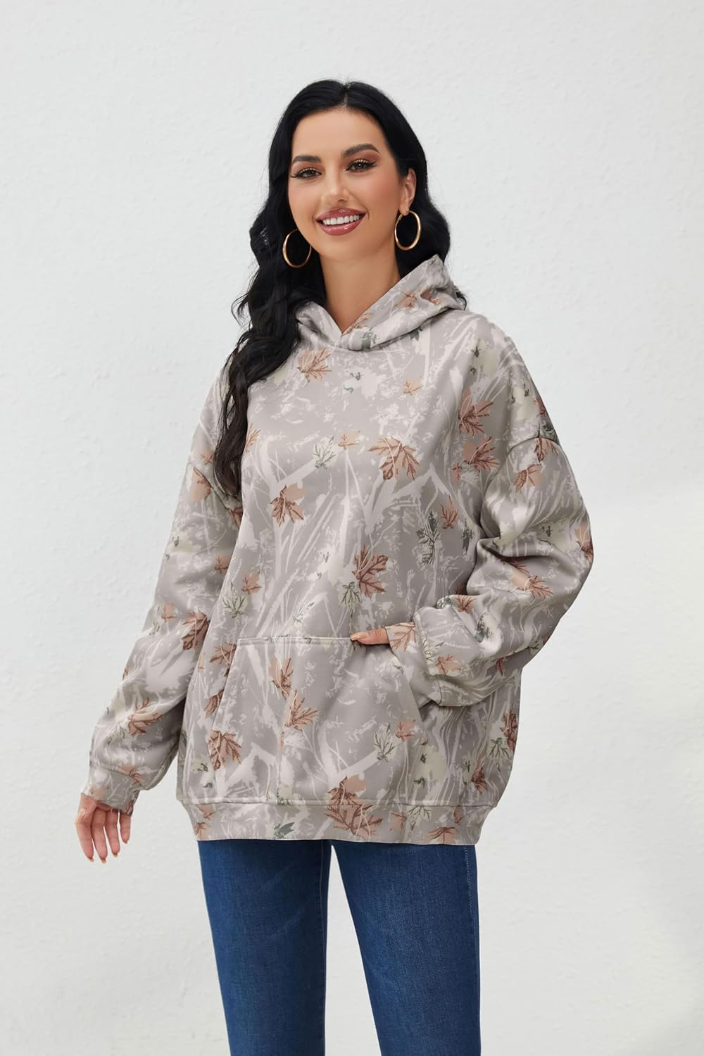 Womens Camo Hoodies Maple Leaf Print Oversized Hooded Sweatshirt Fleece Pullover Sweatshirts Long Sleeve with Pocket