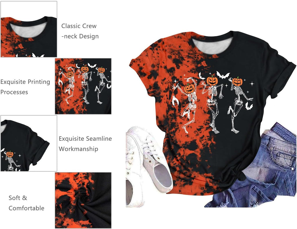 Dancing Skeleton Shirt for Women Happy Halloween T-Shirt Funny Skeleton Graphic Tees Tops Blouse Gift