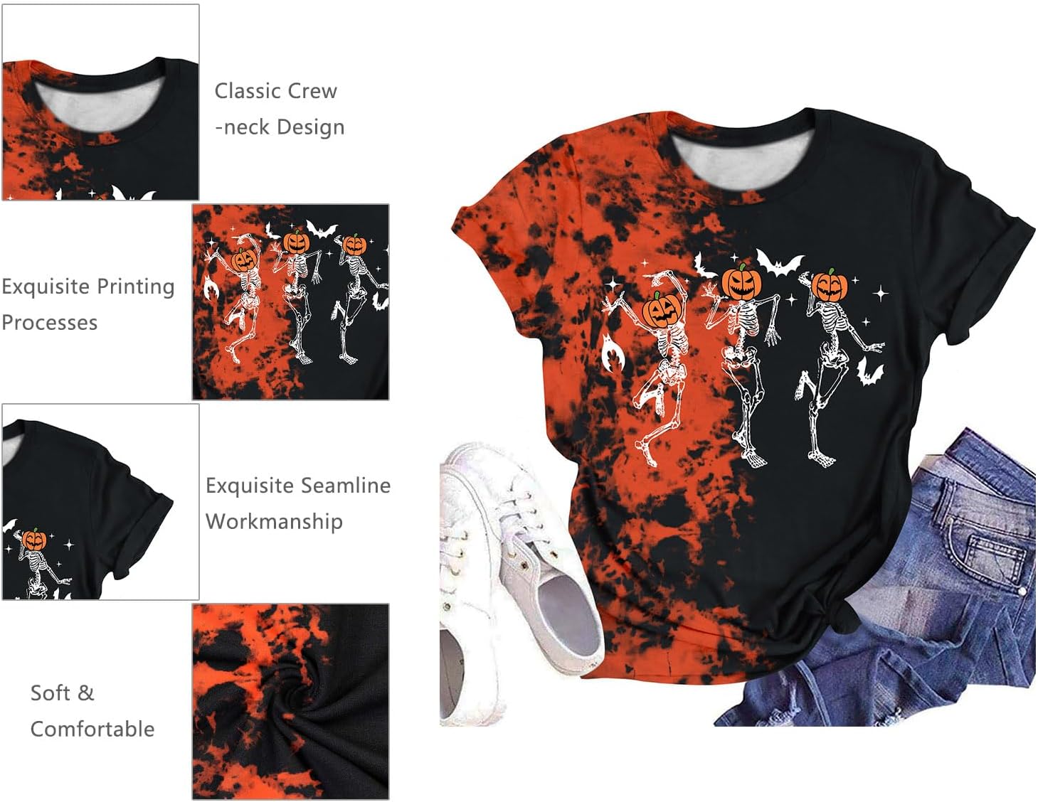 Dancing Skeleton Shirt for Women Happy Halloween T-Shirt Funny Skeleton Graphic Tees Tops Blouse Gift