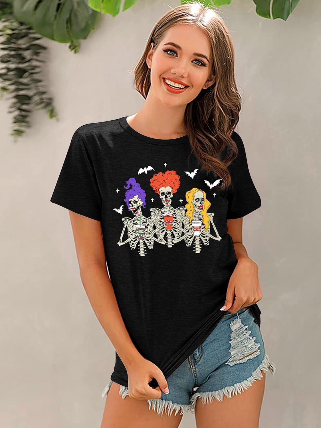Dancing Skeleton Shirt for Women Happy Halloween T-Shirt Funny Skeleton Graphic Tees Tops Blouse Gift