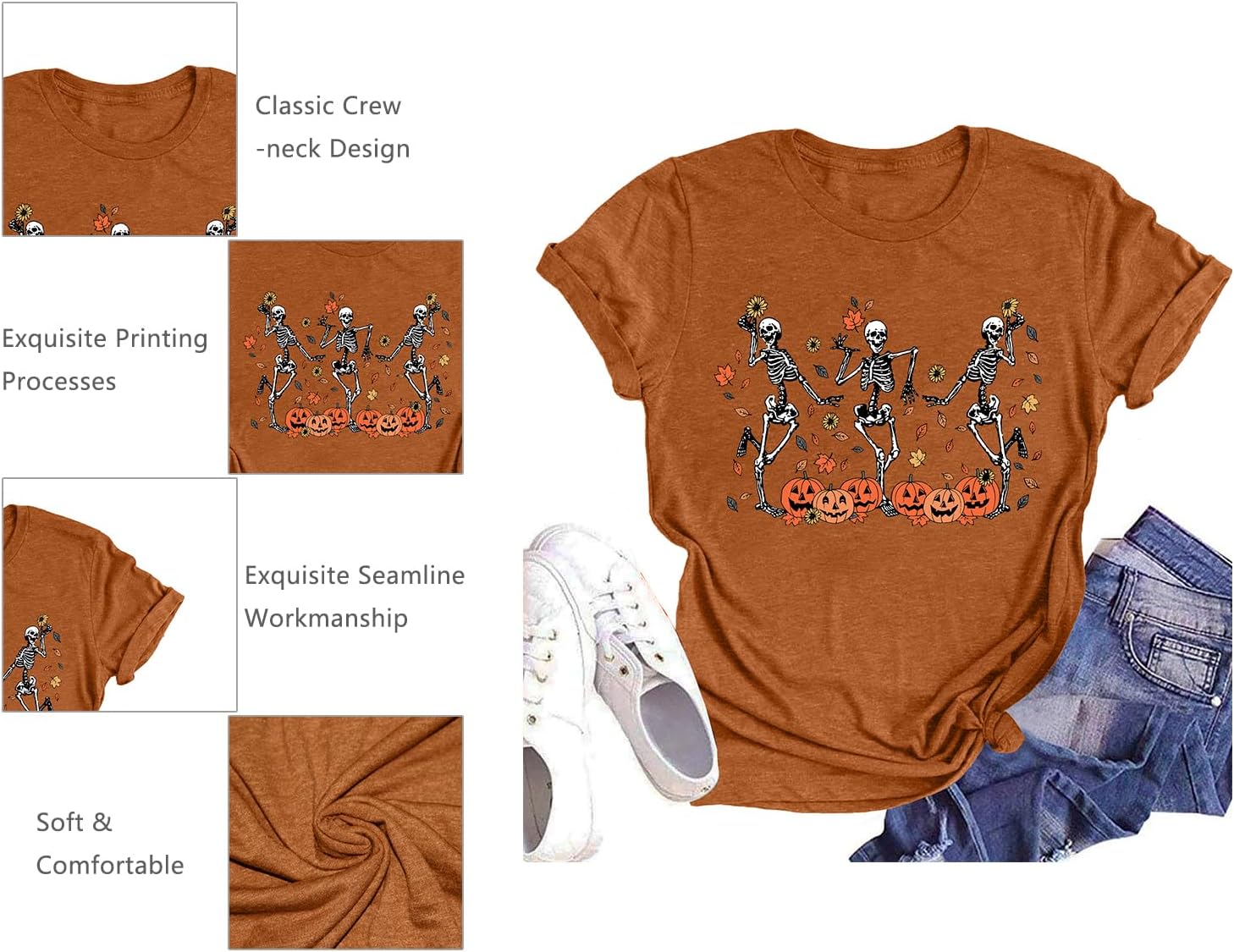 Dancing Skeleton Shirt for Women Happy Halloween T-Shirt Funny Skeleton Graphic Tees Tops Blouse Gift