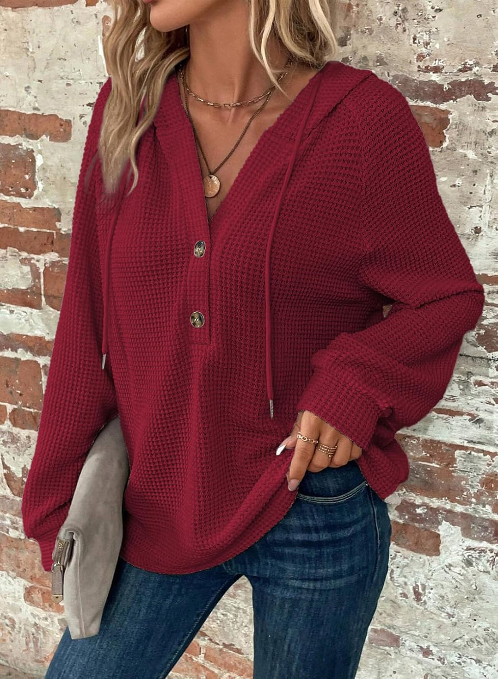 Hoodies for Women Waffle Knit Long Sleeve Drawstring Button V Neck Casual Pullover Sweatshirt Hooded Tops