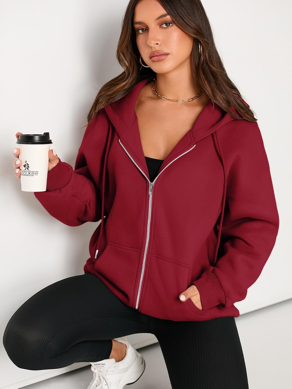 Women's Drawstring Zip Up Cute Hoodies Fall Jacket Oversized Casual Sweatshirts with Pocket