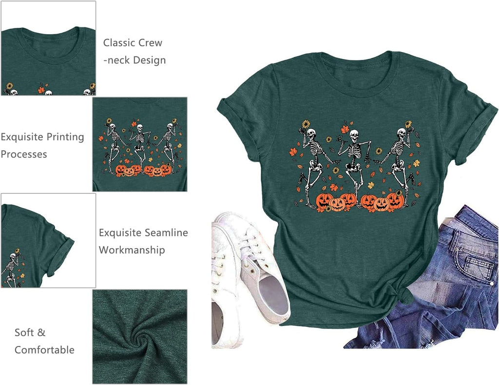 Dancing Skeleton Shirt for Women Happy Halloween T-Shirt Funny Skeleton Graphic Tees Tops Blouse Gift