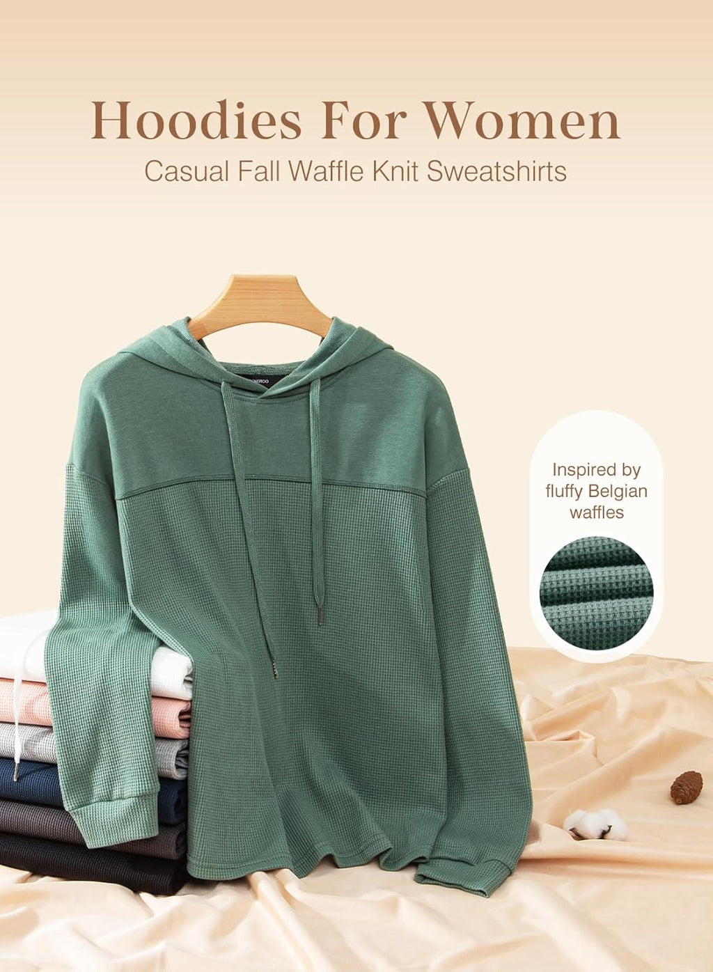 Womens Hoodies Casual Waffle Knit Long Sleeve Drawstring Pullover Sweatshirts Lightweight Hooded Tops