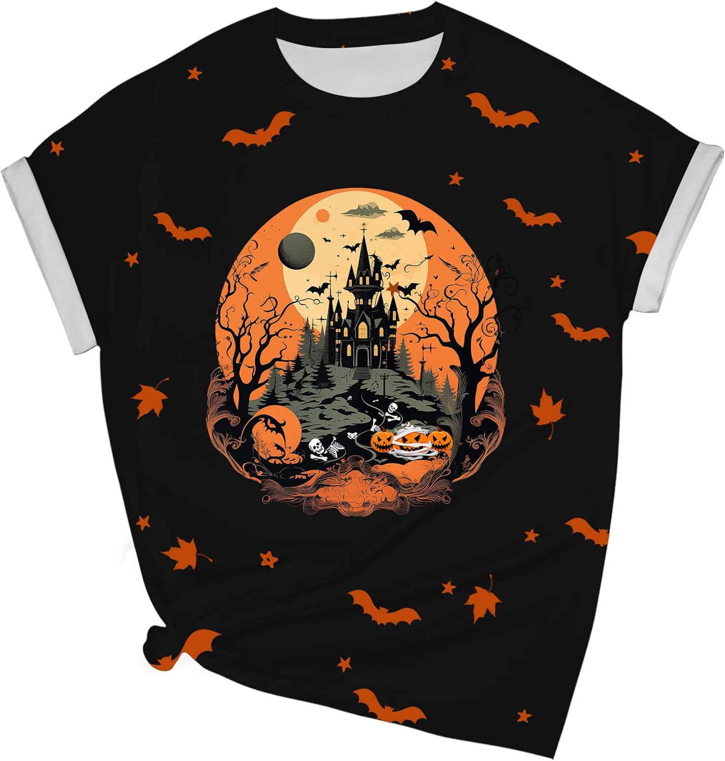 Halloween Shirts for Women: Castle Pumpkin Pattern Halloween Party Short Sleeve Costumes Crewneck T-Shirt