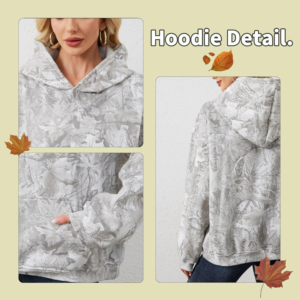 Womens Camo Hoodies Maple Leaf Print Oversized Hooded Sweatshirt Fleece Pullover Sweatshirts Long Sleeve with Pocket