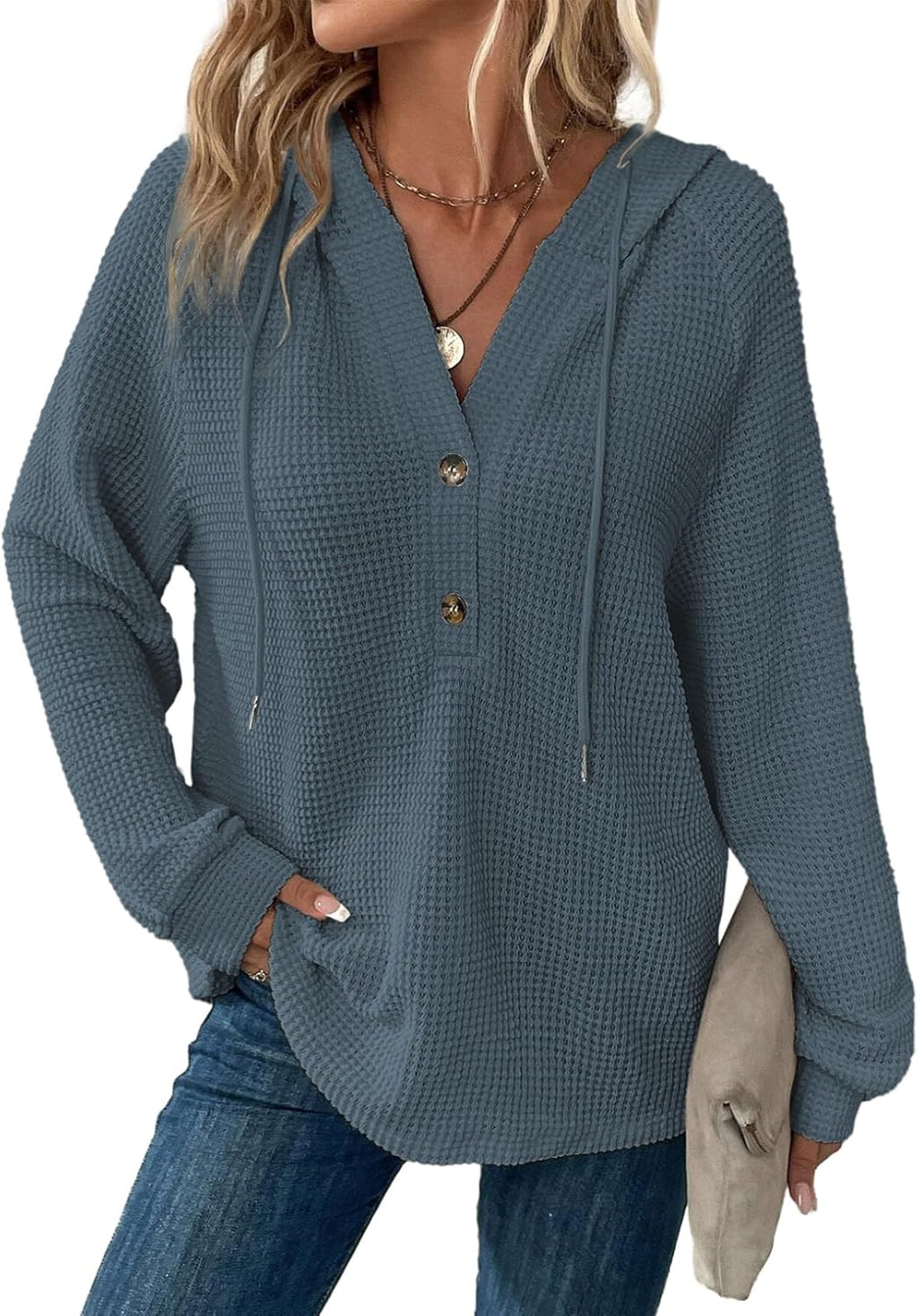 Hoodies for Women Waffle Knit Long Sleeve Drawstring Button V Neck Casual Pullover Sweatshirt Hooded Tops