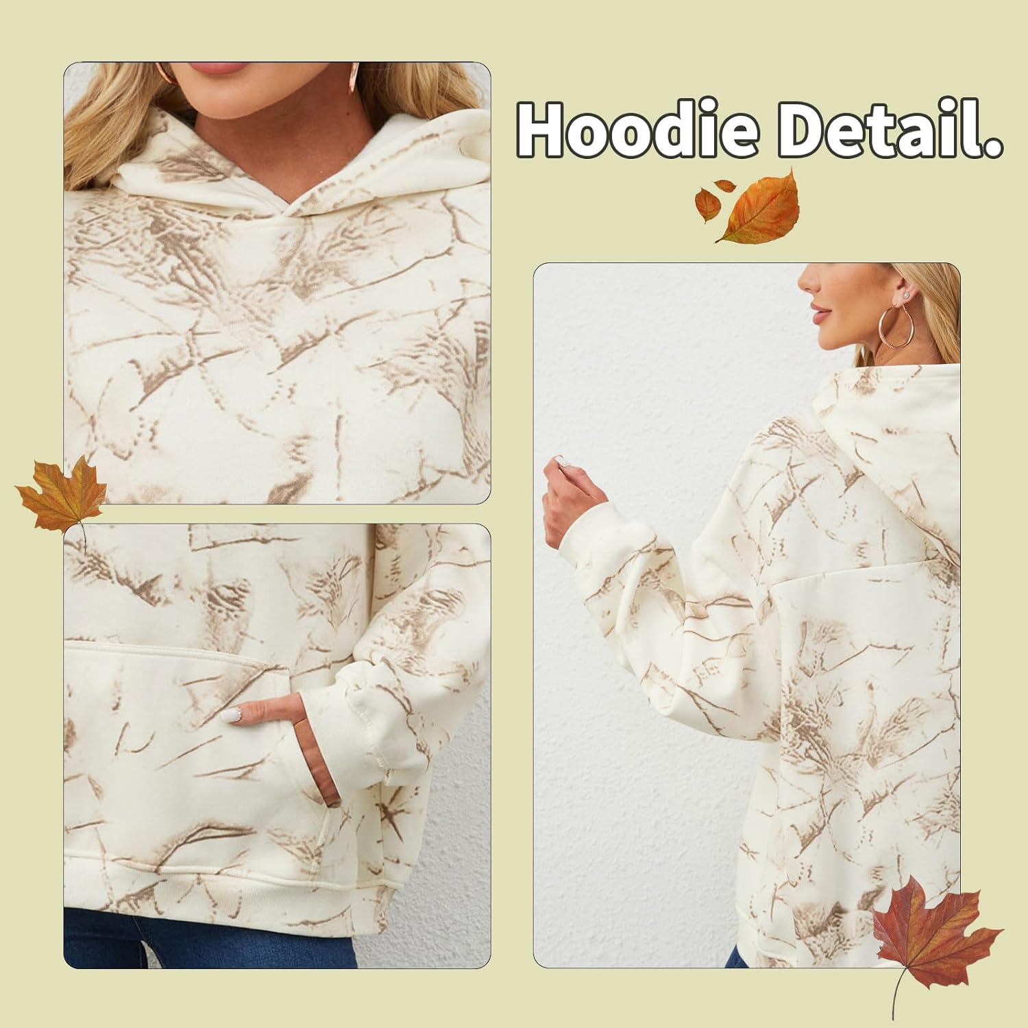 Womens Camo Hoodies Maple Leaf Print Oversized Hooded Sweatshirt Fleece Pullover Sweatshirts Long Sleeve with Pocket