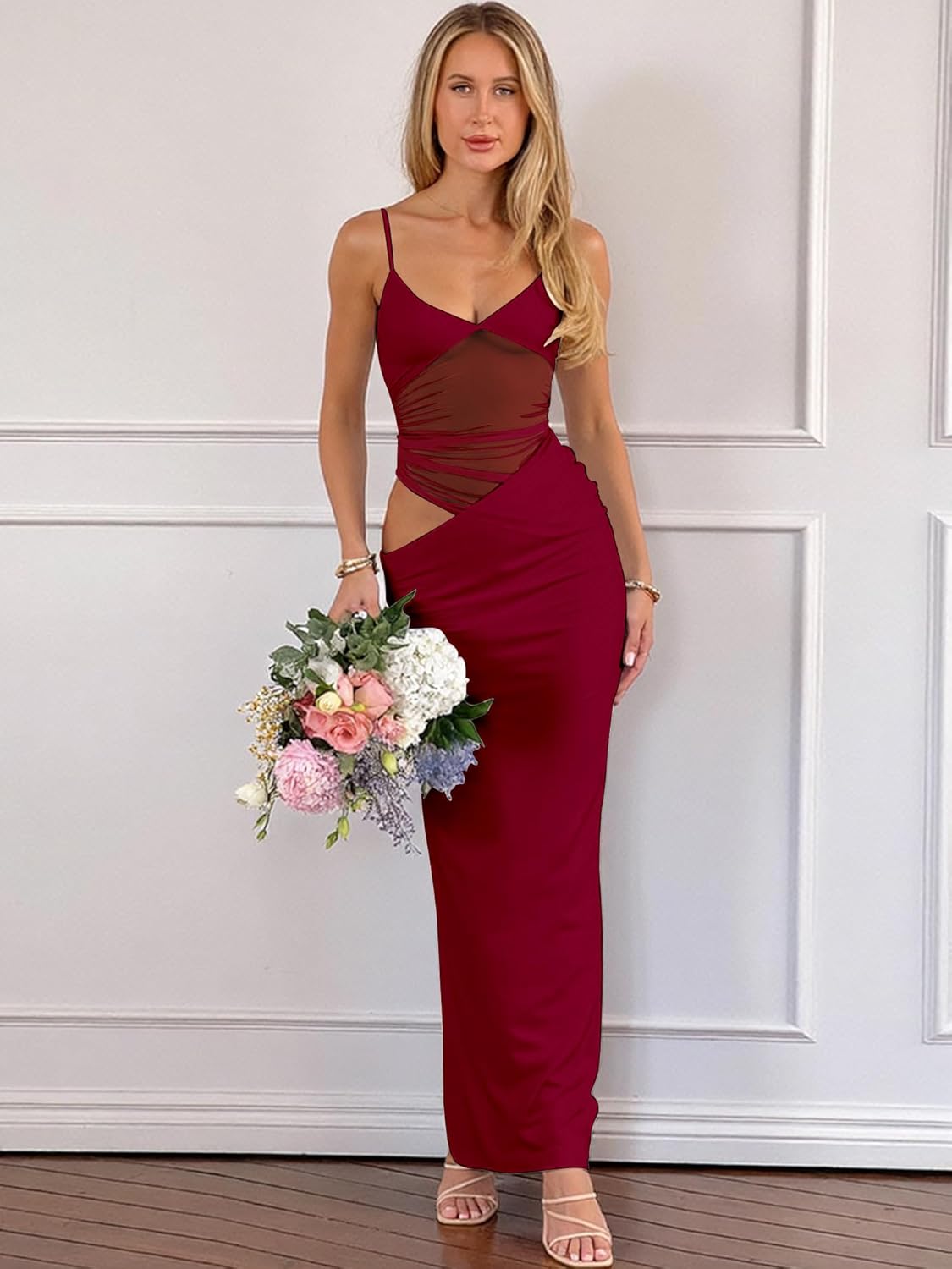 Women's Sexy Bodycon V Neck Spaghetti Strap Maxi Dress Elegant Backless Cocktail Evening Party Long Formal Dresses