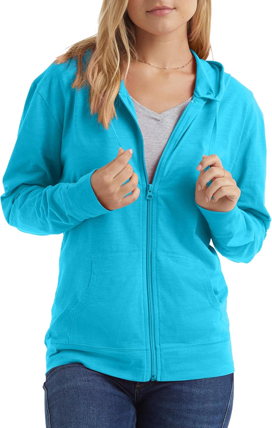 Women’s Slub Knit Full-Zip Hoodie, Textured Cotton Zip-Up T-Shirt Hoodie for Women