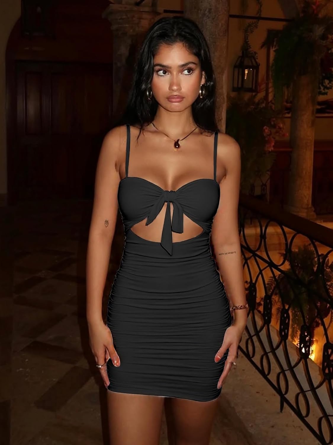 Women's Sexy Bodycon Cut Out Ruched Backless Spaghetti Strap Mini Club Party Dresses