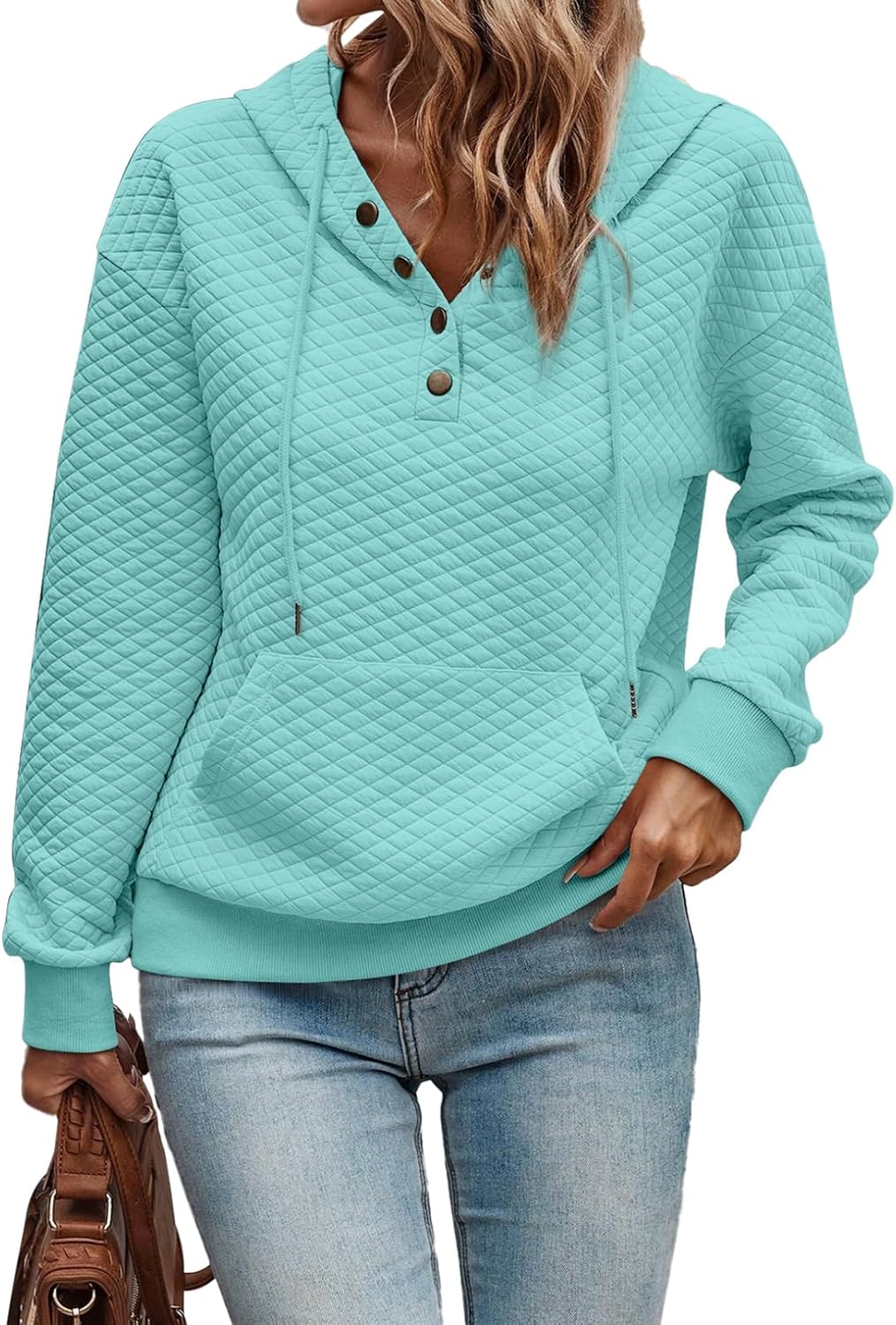 Women's Hoodies Casual Long Sleeve Quilted Half Button Drop Shoulder Pullover Tops Loose Drawstring Hooded Sweatshirt