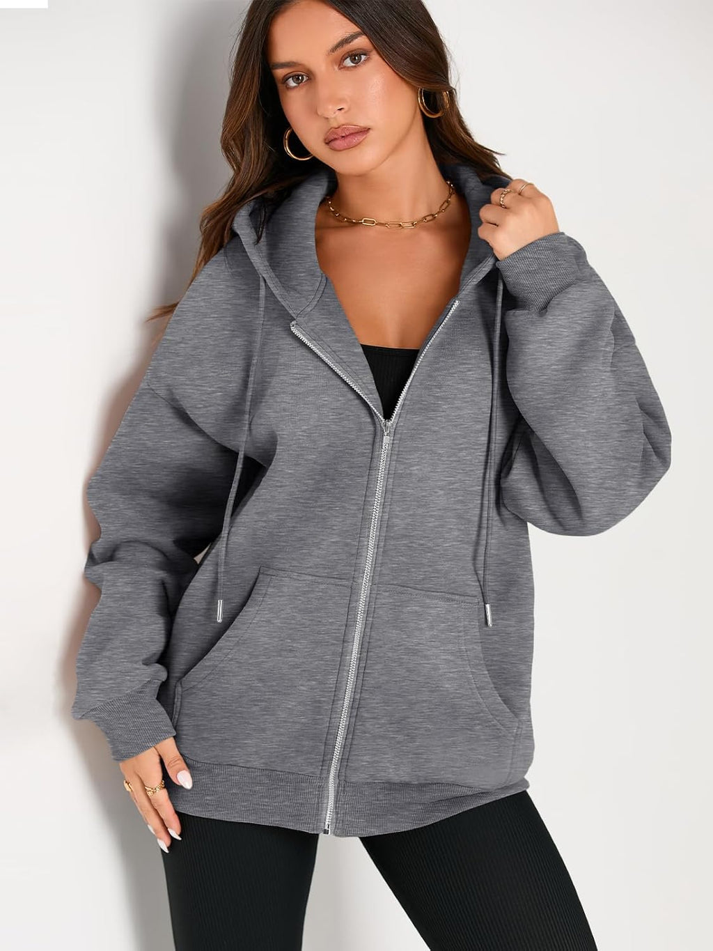 Women's Drawstring Zip Up Cute Hoodies Fall Jacket Oversized Casual Sweatshirts with Pocket
