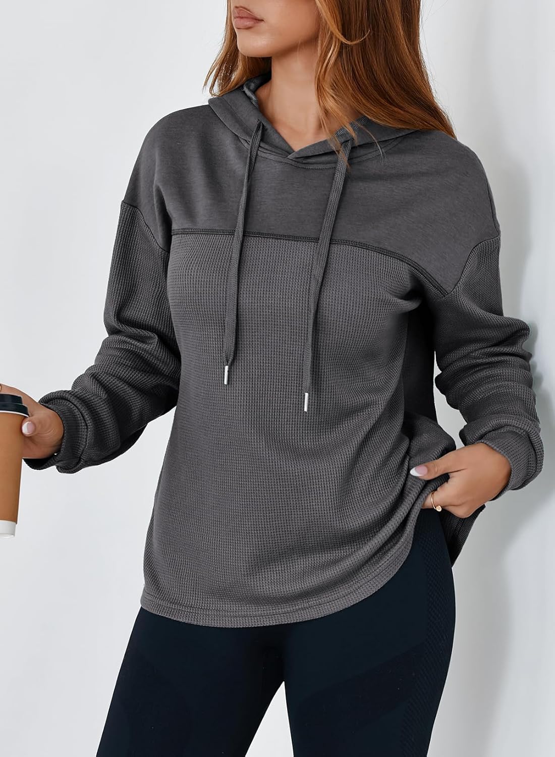 Womens Hoodies Casual Waffle Knit Long Sleeve Drawstring Pullover Sweatshirts Lightweight Hooded Tops