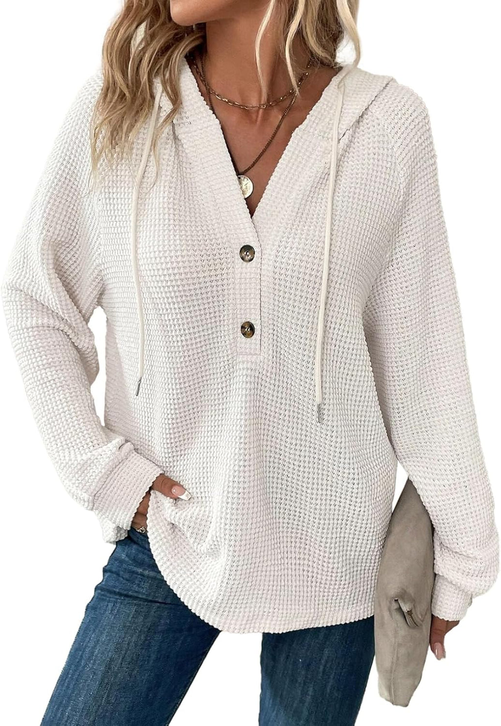 Hoodies for Women Waffle Knit Long Sleeve Drawstring Button V Neck Casual Pullover Sweatshirt Hooded Tops