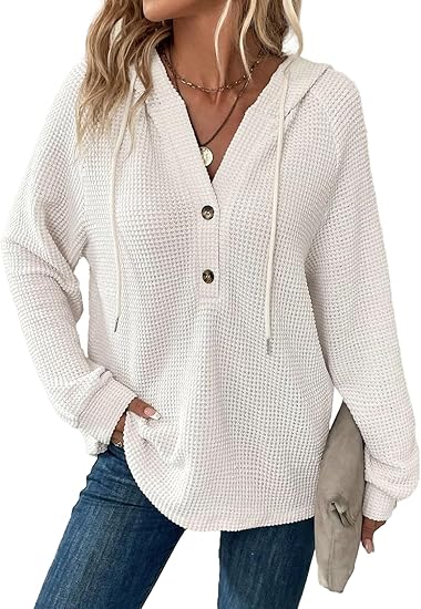 Hoodies for Women Waffle Knit Long Sleeve Drawstring Button V Neck Casual Pullover Sweatshirt Hooded Tops