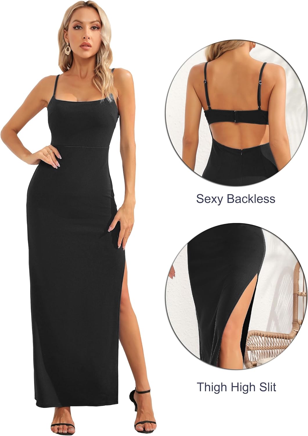 Women's Sexy Backless Spaghetti Straps Square Neck Maxi Dress Thigh High Slit Bodycon Cocktail Party Dress 211