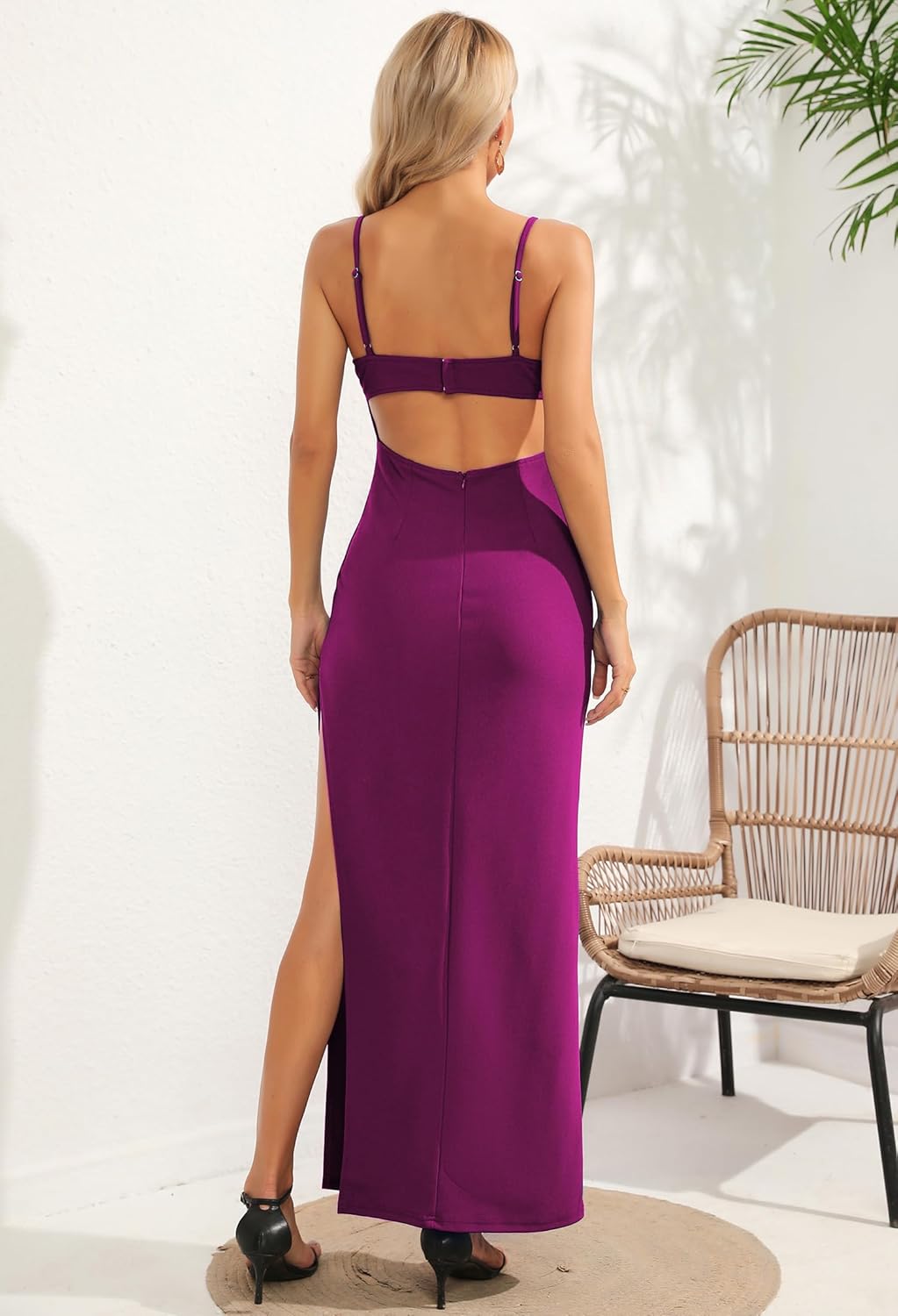 Women's Sexy Backless Spaghetti Straps Square Neck Maxi Dress Thigh High Slit Bodycon Cocktail Party Dress 211