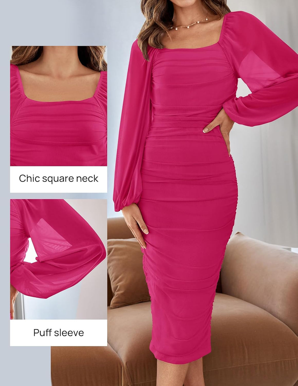 Women's Sexy Ruched Bodycon Midi Dress Long Puff Sleeve Square Neck Backless Cocktail Party Wedding Dresses