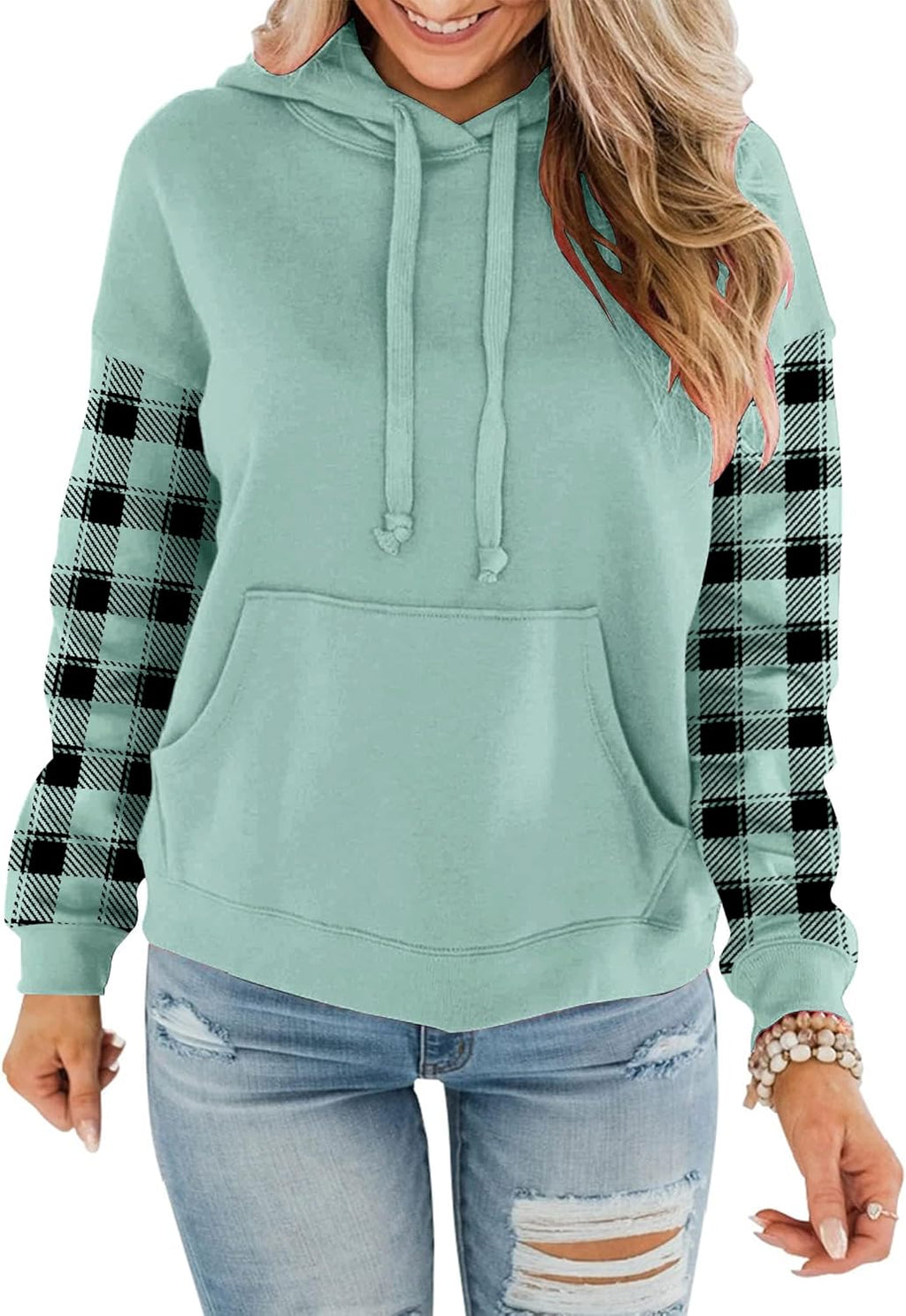 Womens Casual Hoodies Crew Neck Long Sleeve Sweatshirts with Pocket Lightweight Pullover Tops