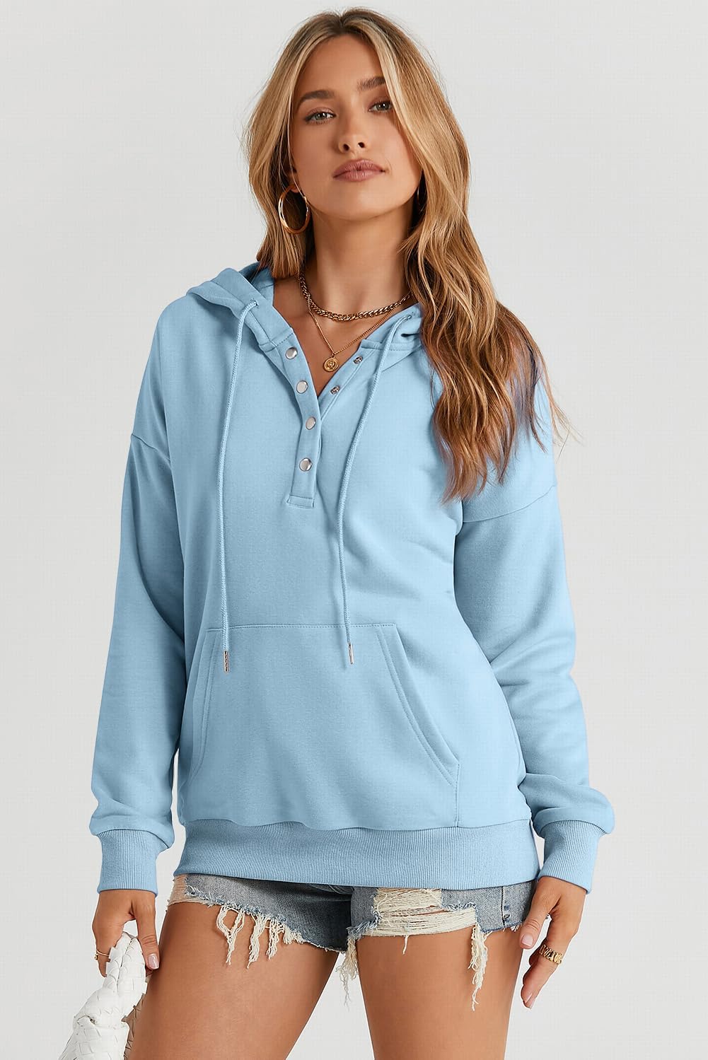 Womens 2025 Hoodies Button Collar Drawstring Hooded Pullover Sweatshirt Casual Long Sleeve Tops Shirts