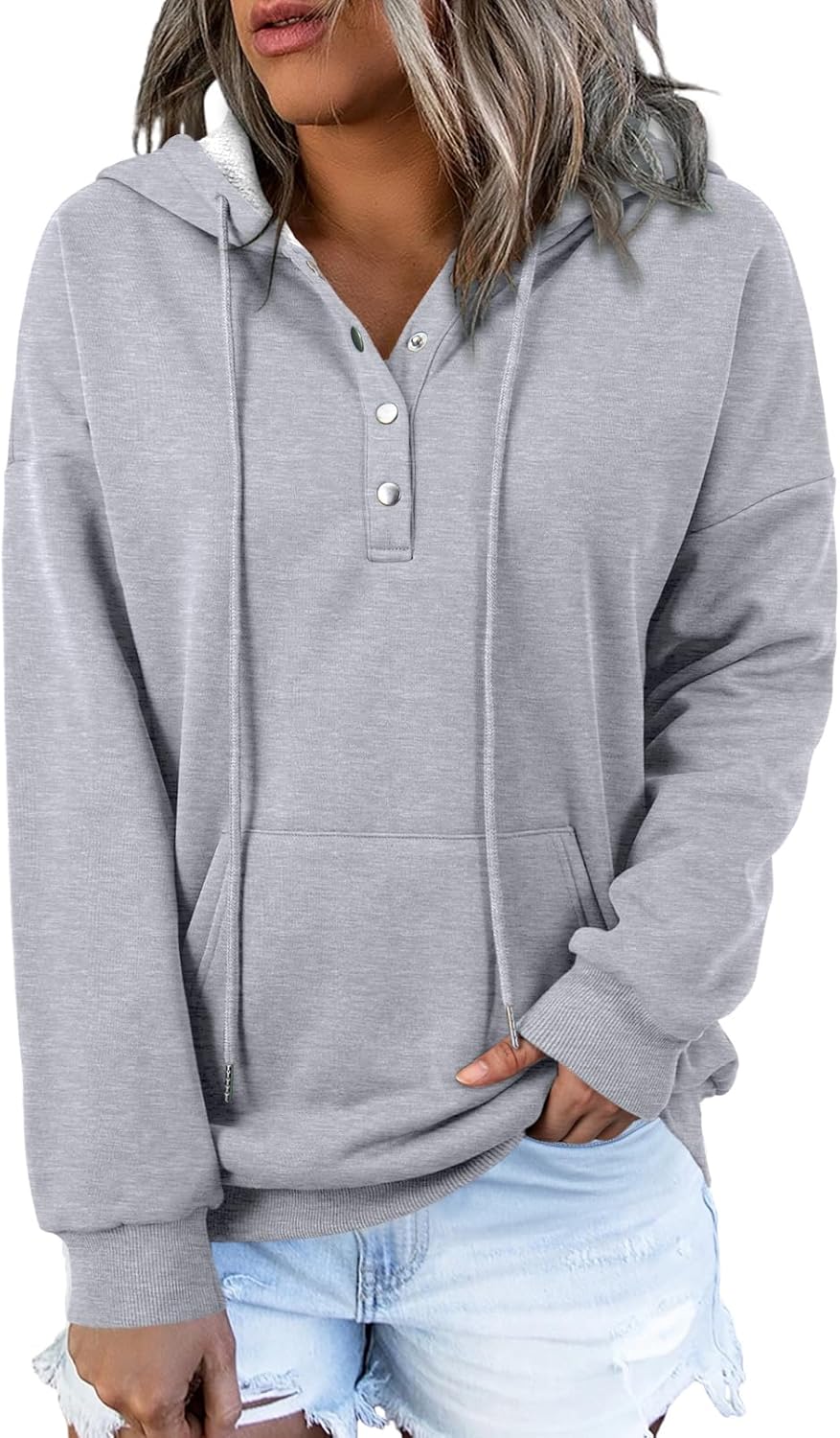 Womens 2025 Hoodies Button Collar Drawstring Hooded Pullover Sweatshirt Casual Long Sleeve Tops Shirts