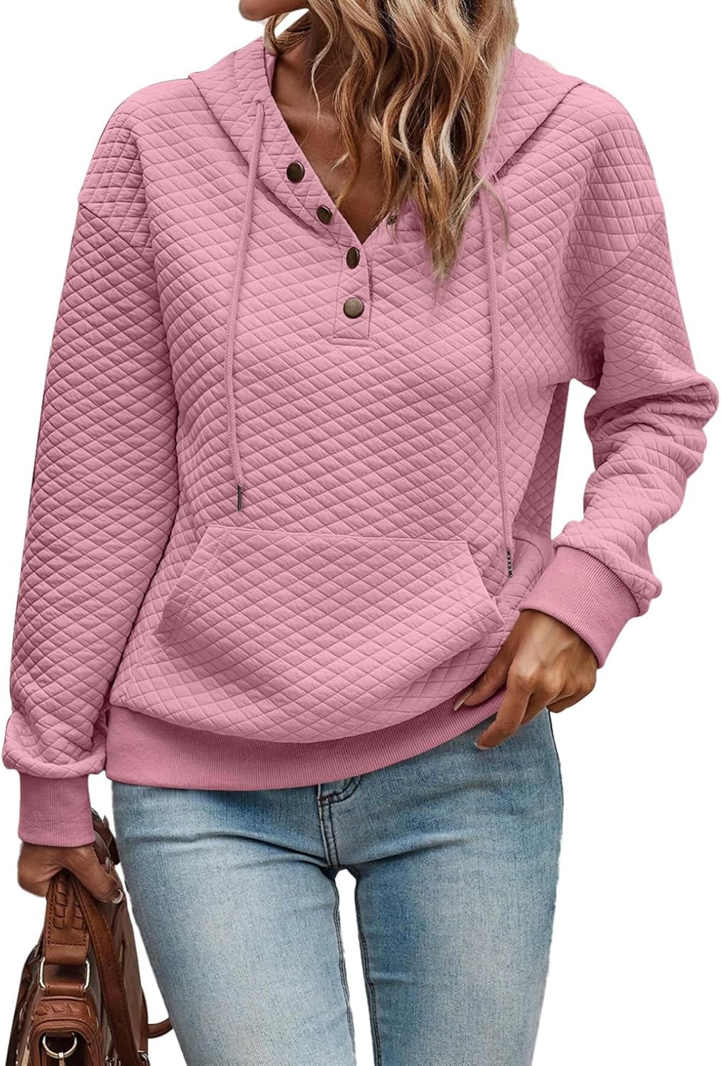 Women's Hoodies Casual Long Sleeve Quilted Half Button Drop Shoulder Pullover Tops Loose Drawstring Hooded Sweatshirt