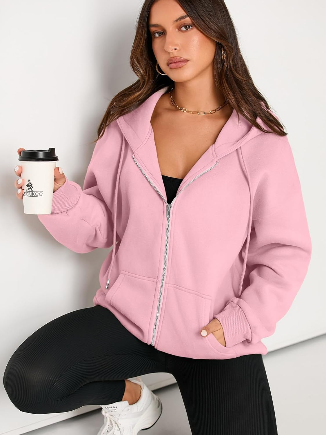 Women's Drawstring Zip Up Cute Hoodies Fall Jacket Oversized Casual Sweatshirts with Pocket