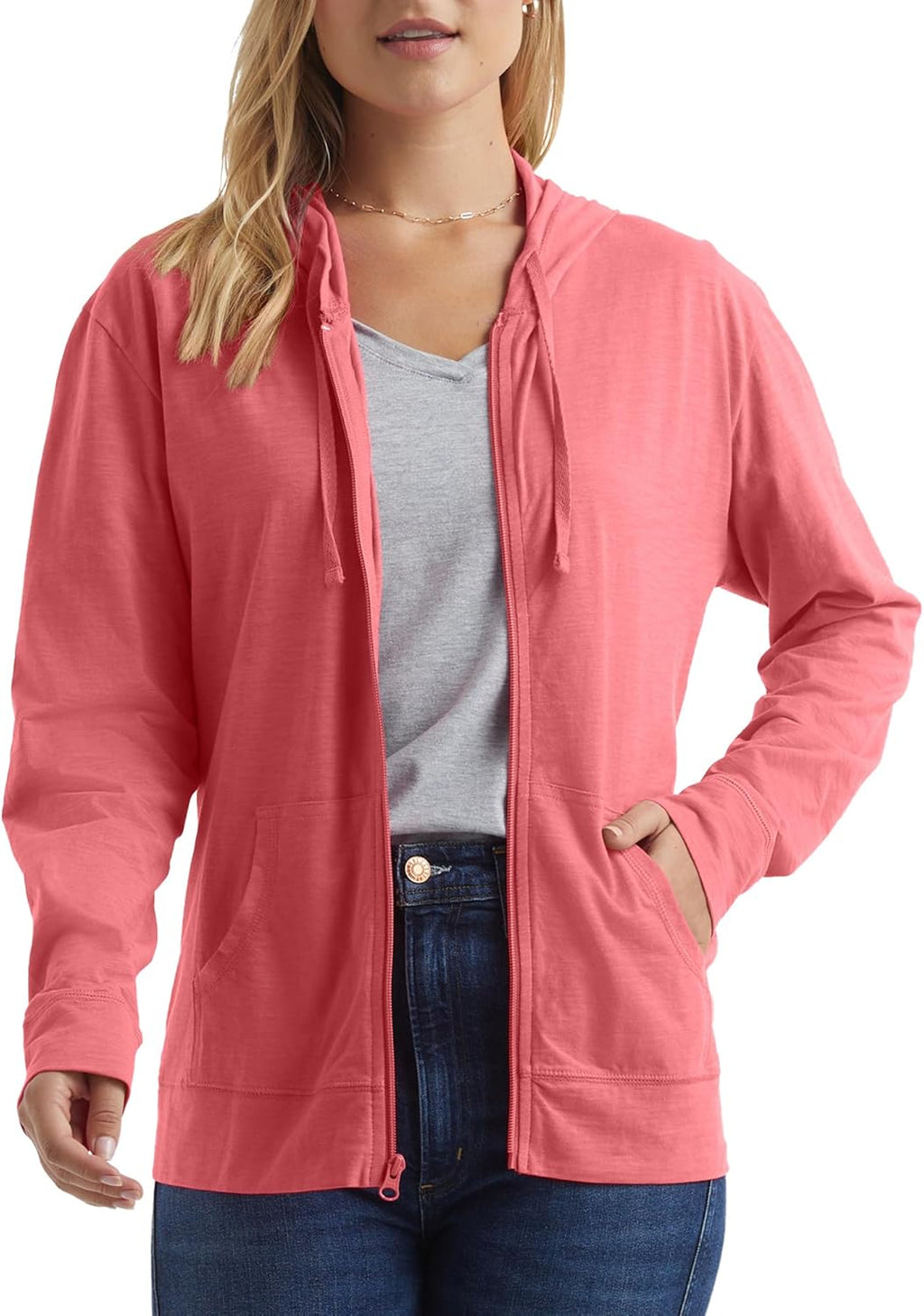 Women’s Slub Knit Full-Zip Hoodie, Textured Cotton Zip-Up T-Shirt Hoodie for Women