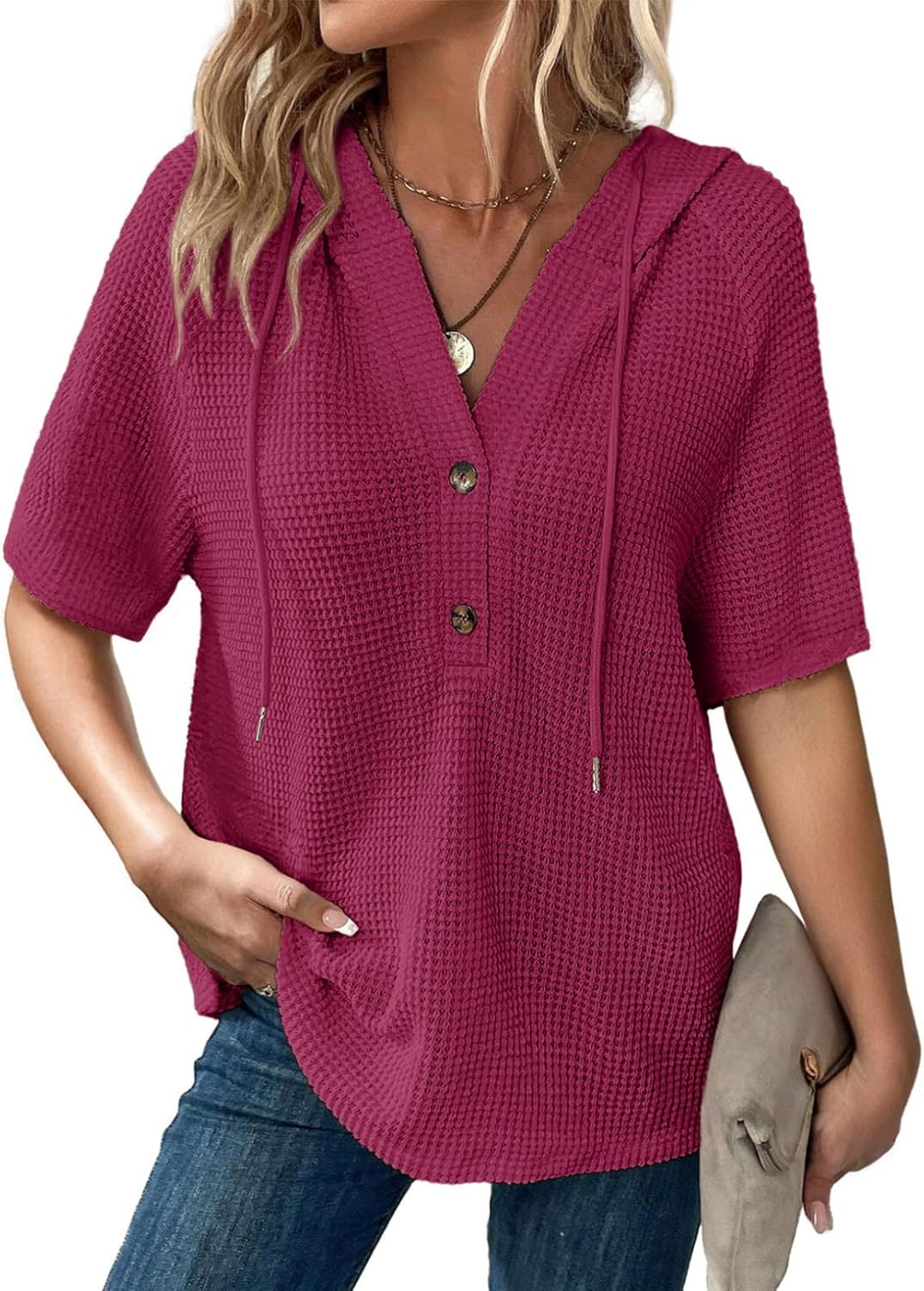 Hoodies for Women Waffle Knit Long Sleeve Drawstring Button V Neck Casual Pullover Sweatshirt Hooded Tops