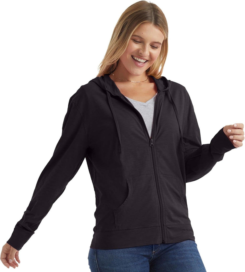 Women’s Slub Knit Full-Zip Hoodie, Textured Cotton Zip-Up T-Shirt Hoodie for Women