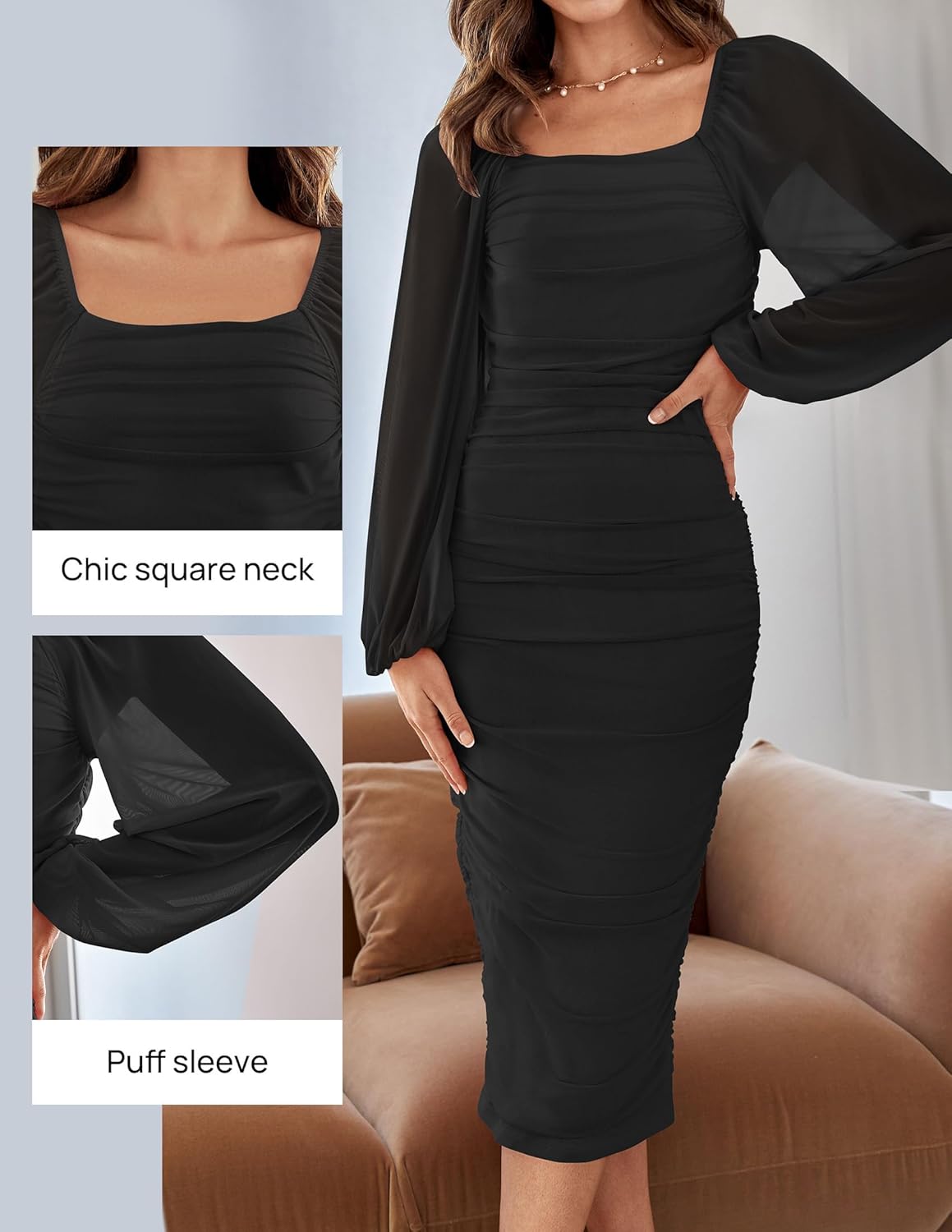 Women's Sexy Ruched Bodycon Midi Dress Long Puff Sleeve Square Neck Backless Cocktail Party Wedding Dresses