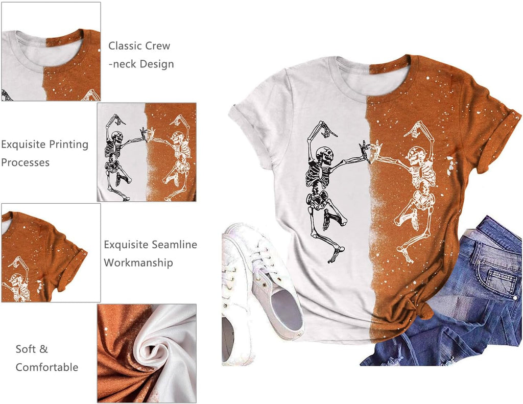 Dancing Skeleton Shirt for Women Happy Halloween T-Shirt Funny Skeleton Graphic Tees Tops Blouse Gift