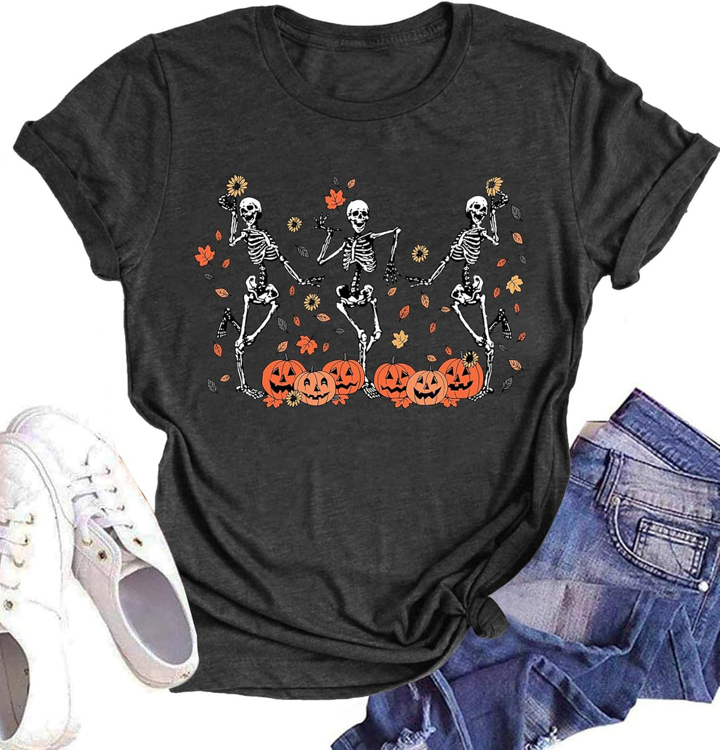 Dancing Skeleton Shirt for Women Happy Halloween T-Shirt Funny Skeleton Graphic Tees Tops Blouse Gift