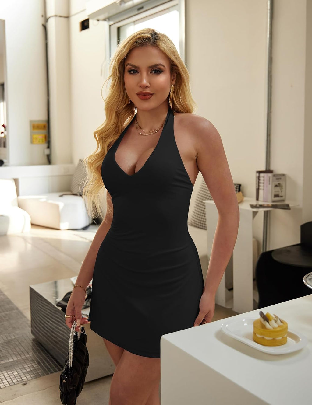 Women's Sexy Bodycon A-line Halter Deep V Backless Club Party Mini Dress