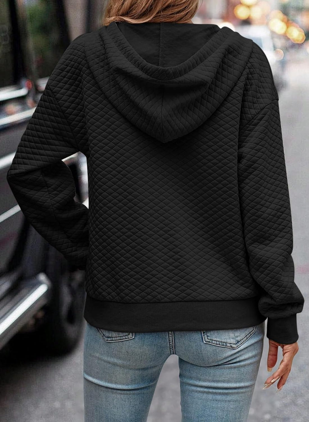 Women's Hoodies Casual Long Sleeve Quilted Half Button Drop Shoulder Pullover Tops Loose Drawstring Hooded Sweatshirt