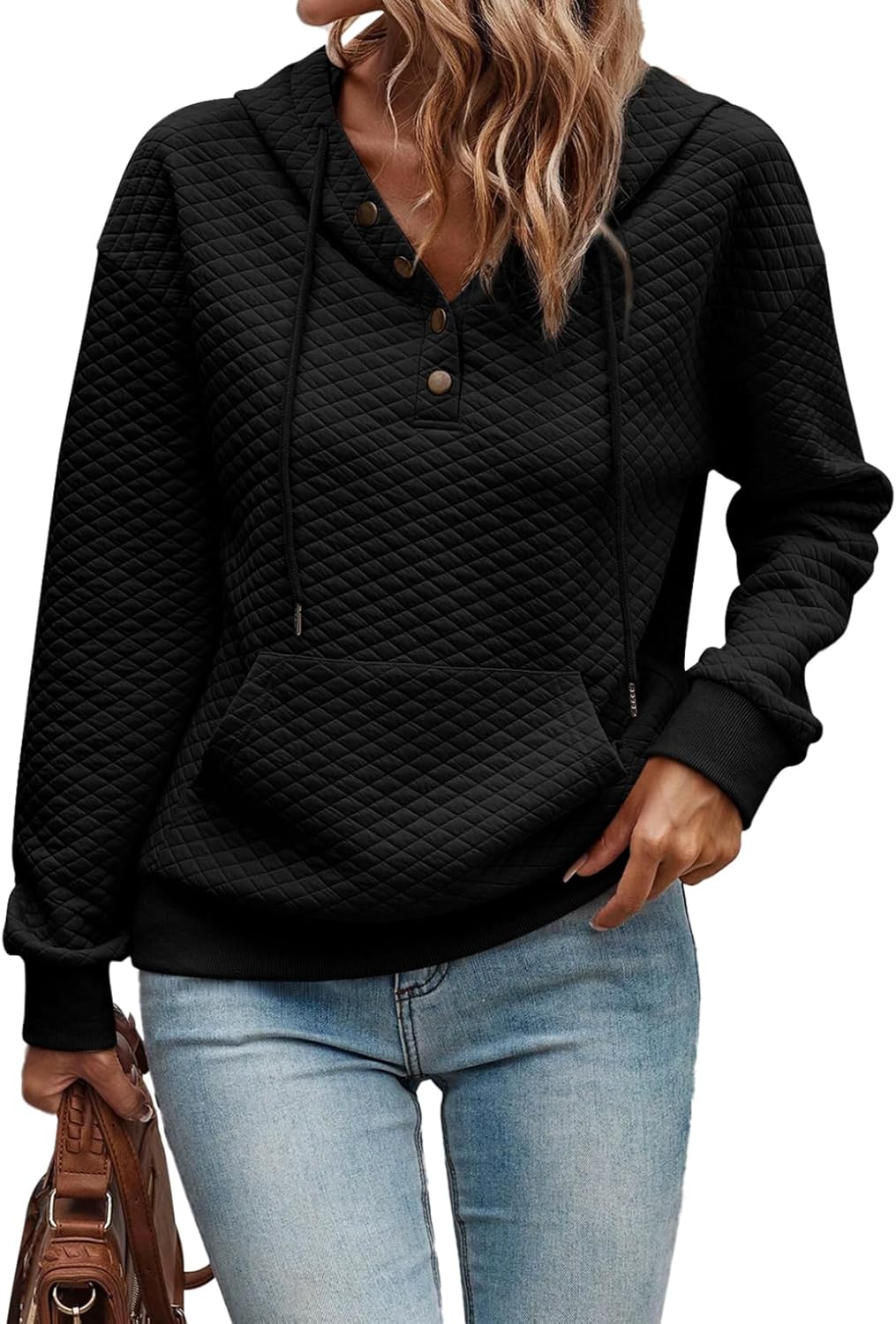 Women's Hoodies Casual Long Sleeve Quilted Half Button Drop Shoulder Pullover Tops Loose Drawstring Hooded Sweatshirt